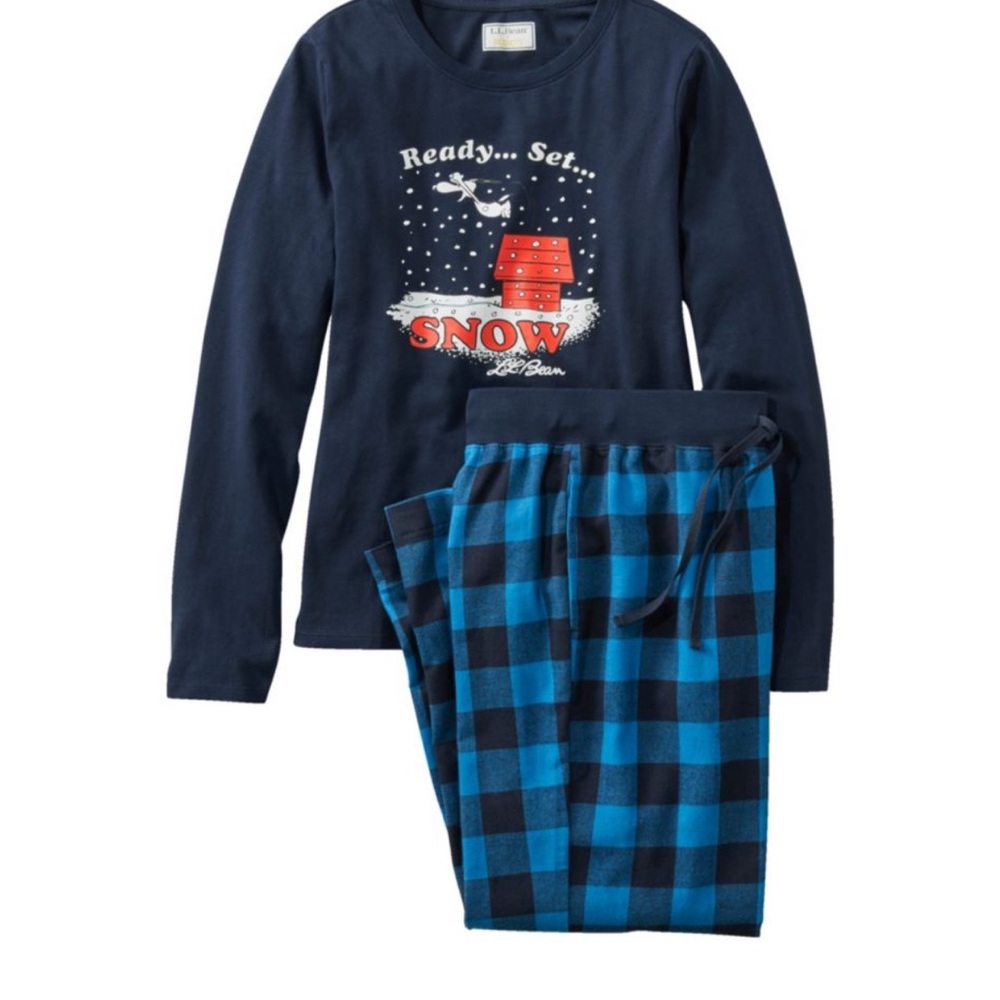 L.L Bean Peanuts Buffalo Plaid Flannel Pajama Set L Reg